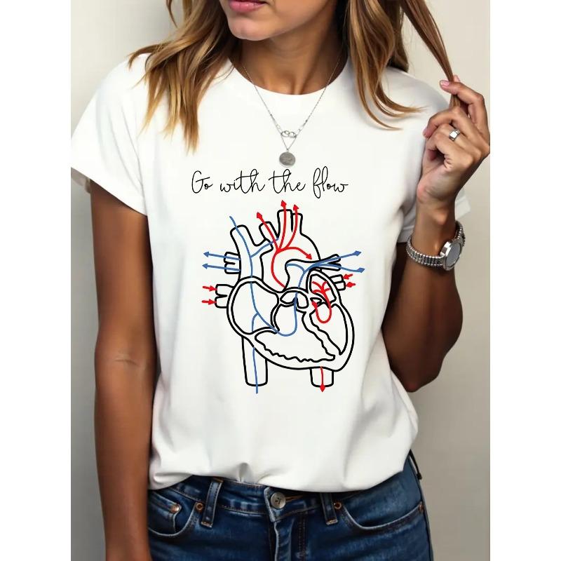 European Size Women s Casual Heart Line Print T-Shirt - Breathable Crew Neck Top, Machine Washable for Spring/Summer Outings and Daily Wear S белый