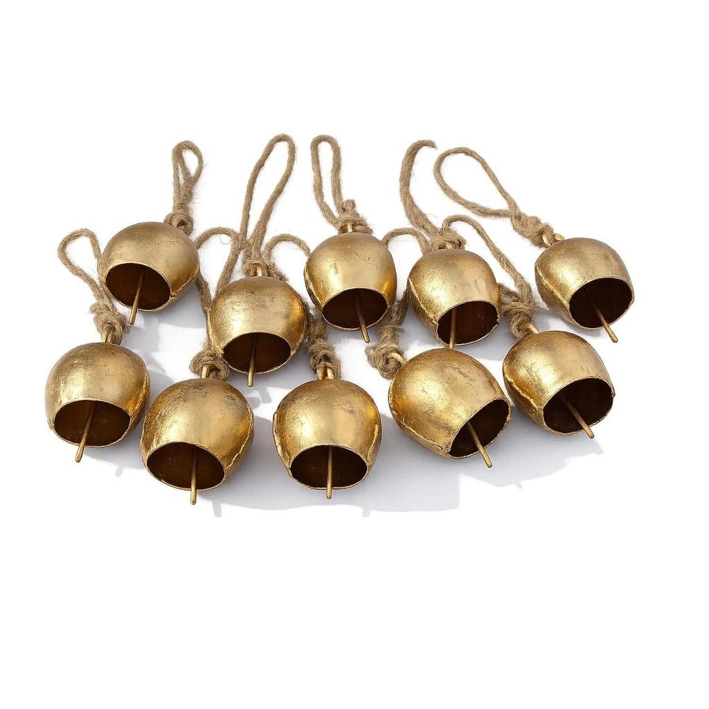 Rustic Brass Finish Hanging Bells Pack of 10 | Vintage Mini Bells with Rope for Home Decor,