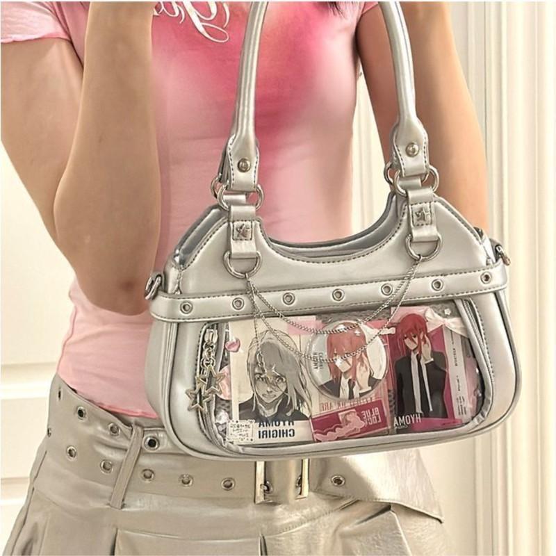 JIAERDI Harajuku Star Ita Bag Women Double Strap Adjustable Clear Leather Tote Purse Subculture Daily Versatile Shoulder Bag Y2K