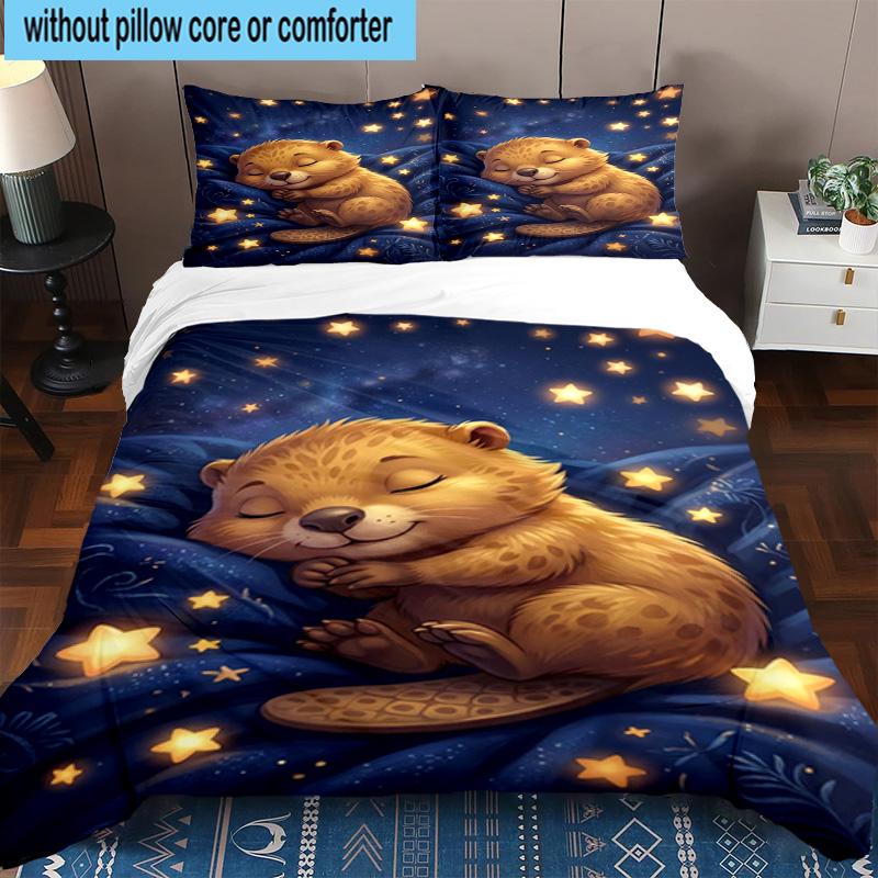 Starry Groundhog Illustration 3pcs Bedding,Including 1pc Duvet Cover And 2pcs Pillowcases Perfect for Christmas,Ideal for Bedroom, Dormitory