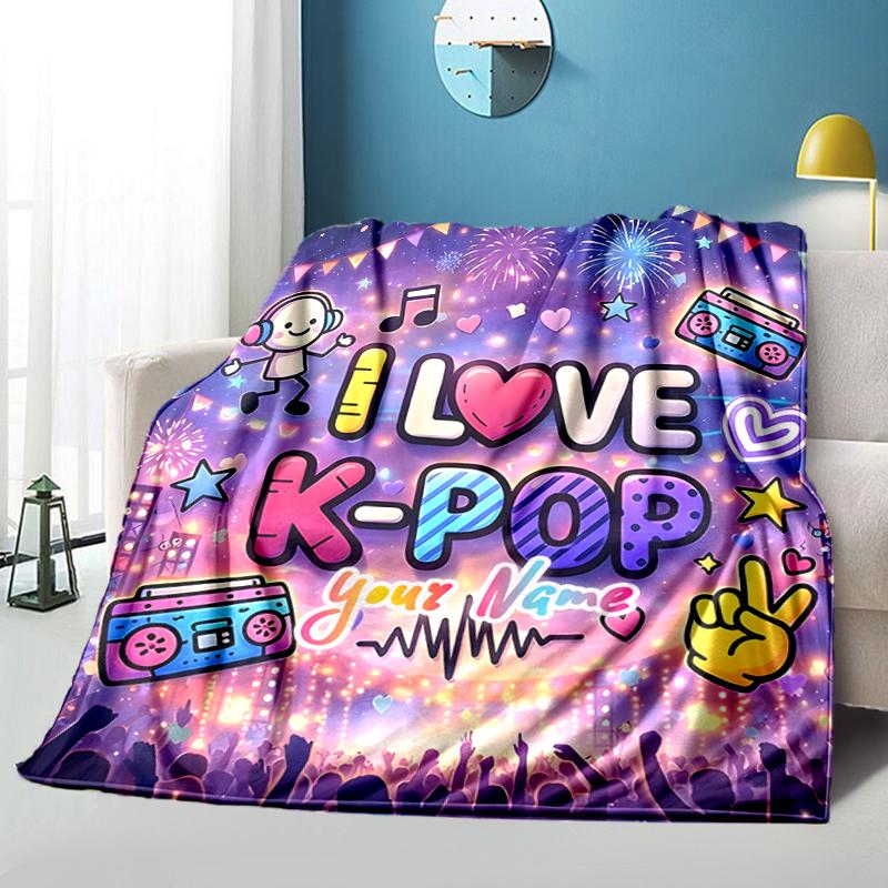 1PC Custom Name Love K-Pop Festival Outdooor Flannel Blankets Throw Blanket All-Season Throw Gift Bedspread for Couch, Bed, Camping Holiday Birthday G