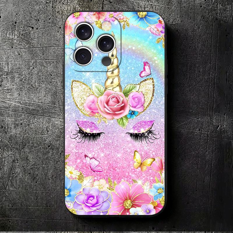 Pink Unicorn Rainbow Soft Phone Case for iPhone 16 16E 17 Air 15 Pro Max 14 Plus 13 Mini 11 12 7 Black Cover Back Shell