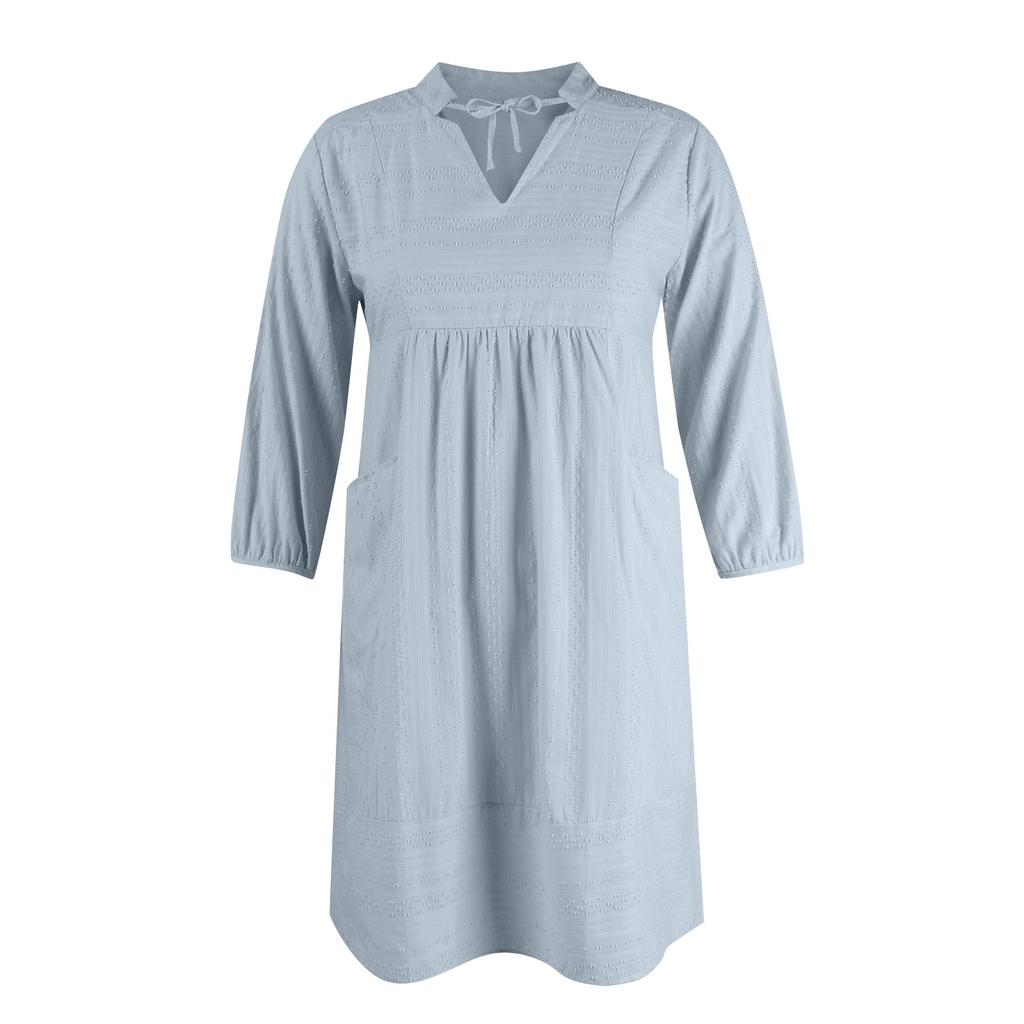 Women's Color Cotton Linen Dress With V-neck Casual Loose Pocket Dress