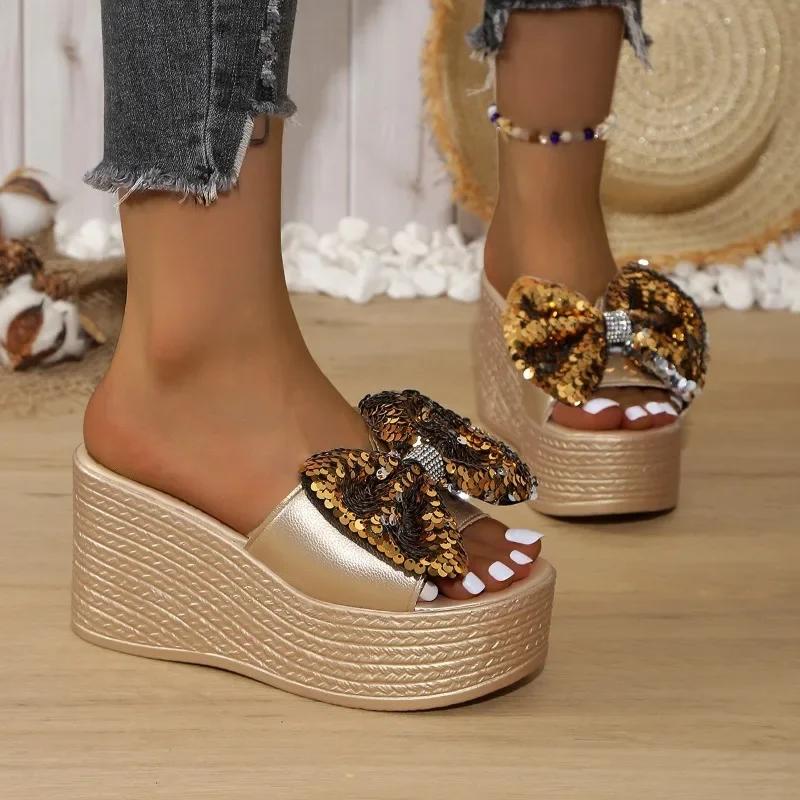 Fashion Women's Shoes 2024 Plus Size Women's Sandals Fashion Sequins Butterfly-knot Dress Slippers Women New Peep Toe Wedge Slippers