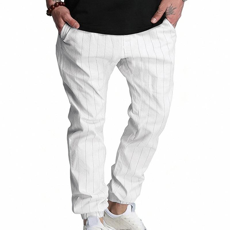 Mens Loose Casual Linen Striped Jogger Pants Straight Leg Commuter Trousers