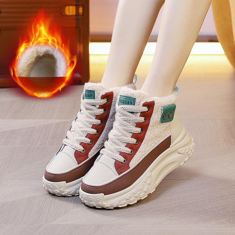 Tênis Esportivo Feminino Cano Alto de Algodão Aveludado com Lã de Cordeiro para Inverno