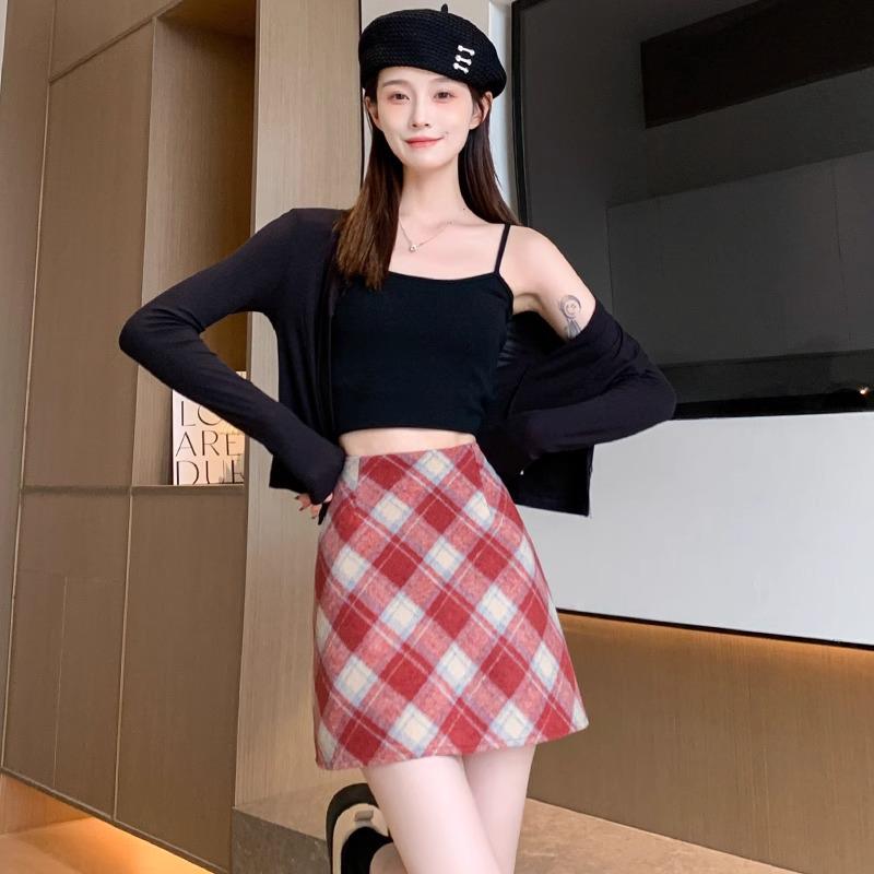 Women's High Waist Gray Plaid Woolen A-line Short Skirt - Autumn 2025 Edition