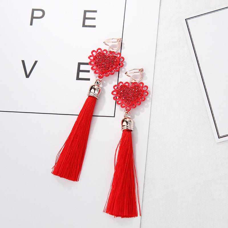 Hanfu-Inspired Red Tassel Clip-On Earrings with Chinese Knot Design
