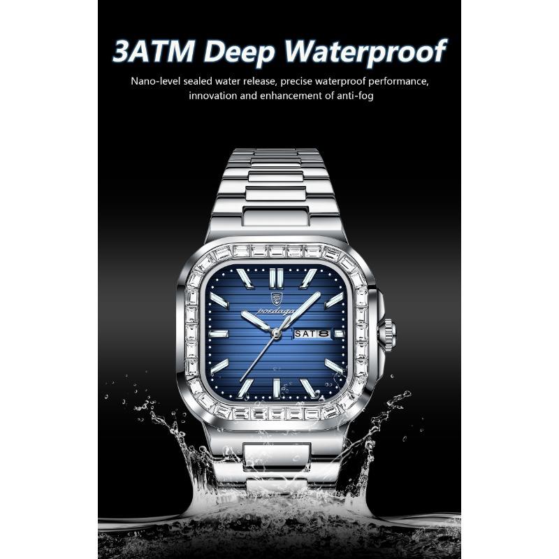 POEDAGAR Top Brand Luxury Watch for Men Waterproof Luminous Date Week Wristwatch Stainless Steel Square Quartz Watches