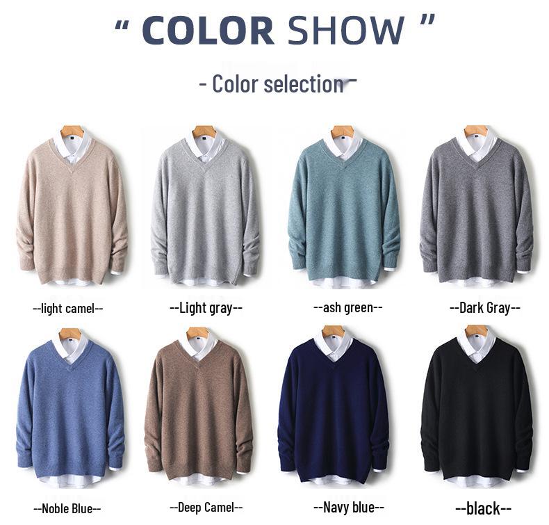 Men's Wool V-neck Sweater - Casual Loose Fit, Long Sleeve, Autumn/Winter Knitted Outerwear.