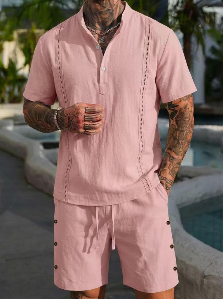 Herren Kurzarm Henley-Kragen Kubanische Guayabera Baumwolle Leinen Hemd und Shorts Set