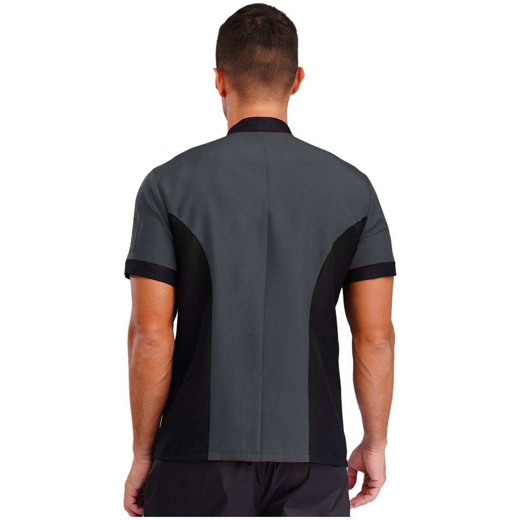 Unisex Kitchen Uniform Short Sleeve Color Block Chef Jacket Cook Coat Men Women Work Top