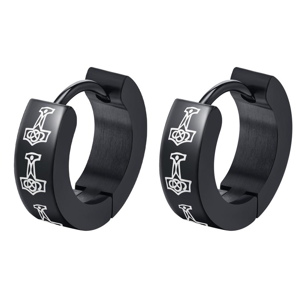 Black Viking Thors Hammer Earrings for Men Boys, Waterproof Stainless Steel Hoop Huggie Earring Jewelry, brincos masculinos