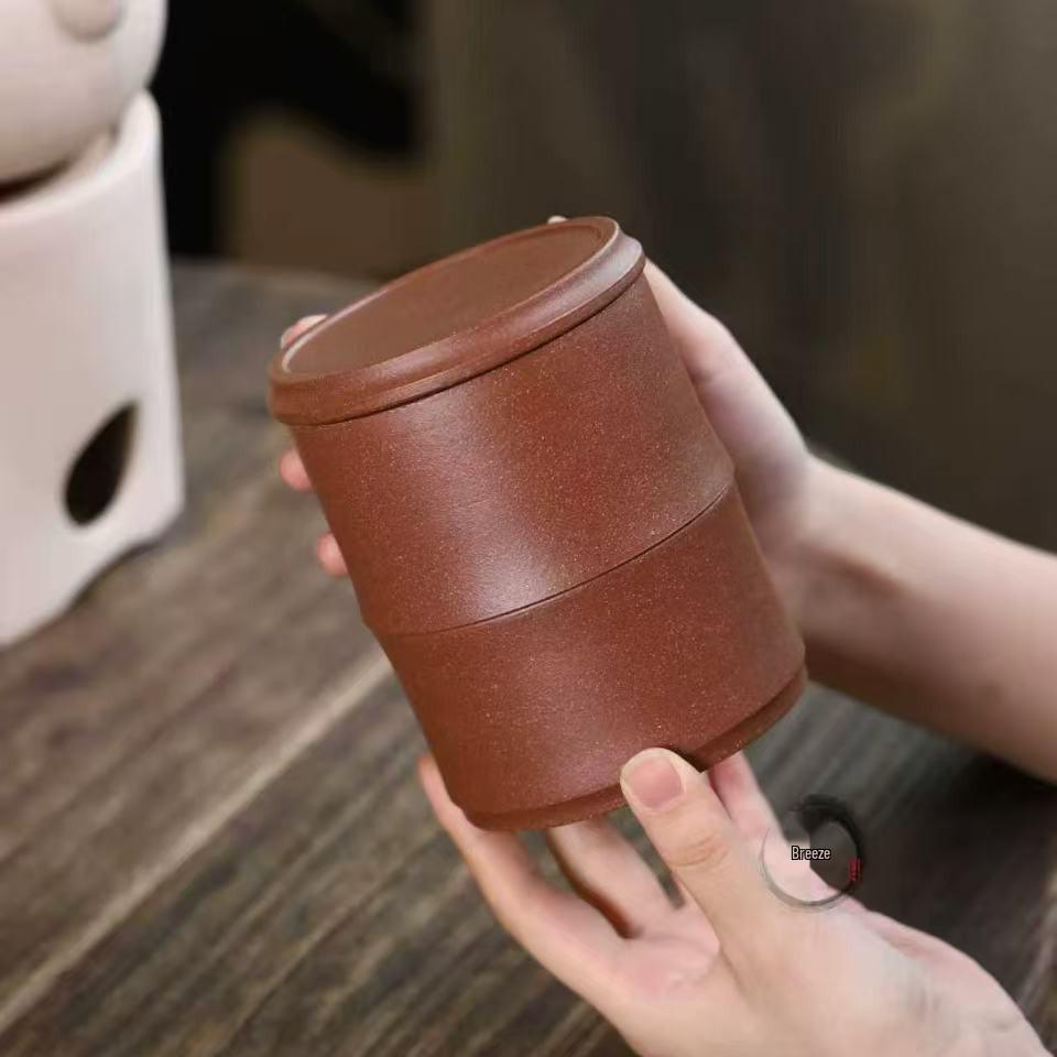Yixing Zisha Bamboo Tea Canister - Handmade, Sealed, Half-Bamboo Design for Pu er Tea Storage.