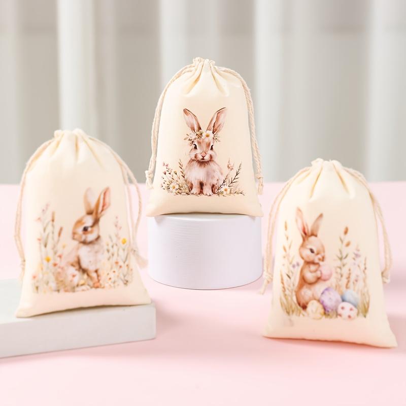 6pcs Drawstring Gift Bags, Cute Rabbit Bunny & Flowers Drawstring Candy Gift Bags Sack Bag, for Holiday Presents, Spring Indoor