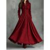 Women's Vintage Faux Suede Lace Trim Button‑Down Long Sleeve Maxi Dress With Pockets
