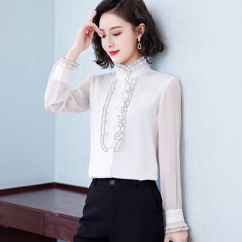 Women's Ruffled Chiffon Long Sleeve Shirt - Spring/Autumn Western Style Top