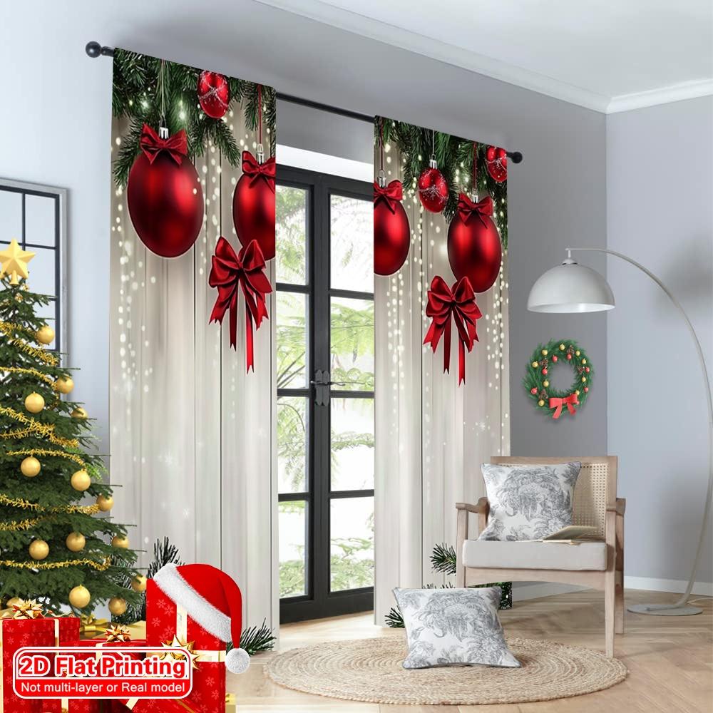 Set Of 2 Flat Printing Christmas Window Drapes Red Green Versatile Polyester Fabric Without Electricity Birthday Party Use Curtain Made