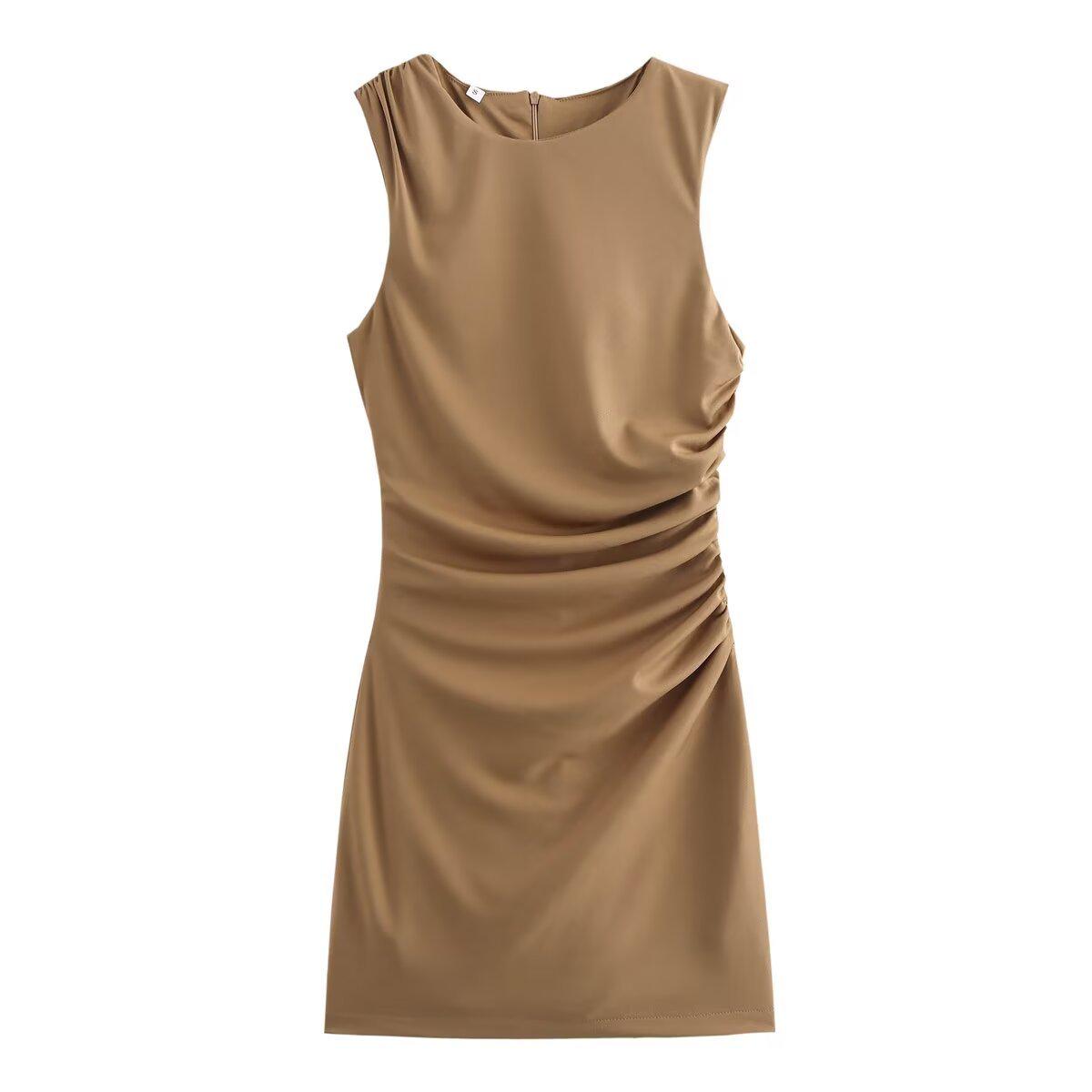 

2024 Autumn/Winter Women s Solid Color Sleeveless Pleated Slim-Fit Dress Large коричневий
