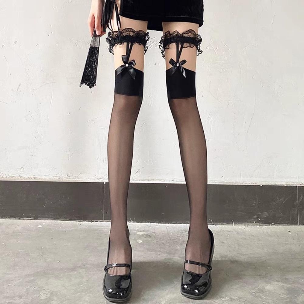 Thigh Socks Suspender Stockings Lace Knee Stockings Black Thin Lust Hottie Sexy Black Silk Bow