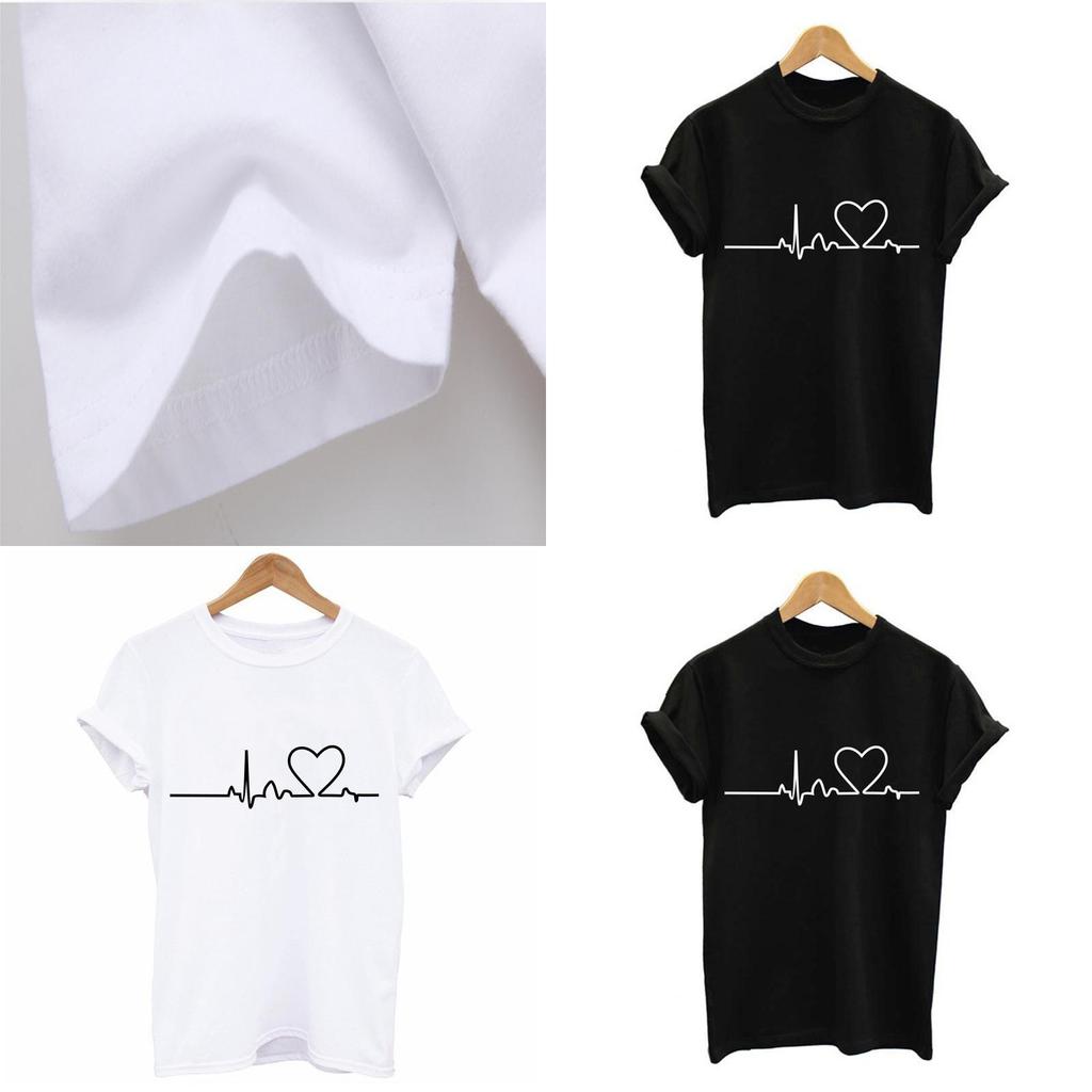 Hochwertiges Sommer Damen Rundhals T-Shirt mit Print und modischem Herzschlag-Design