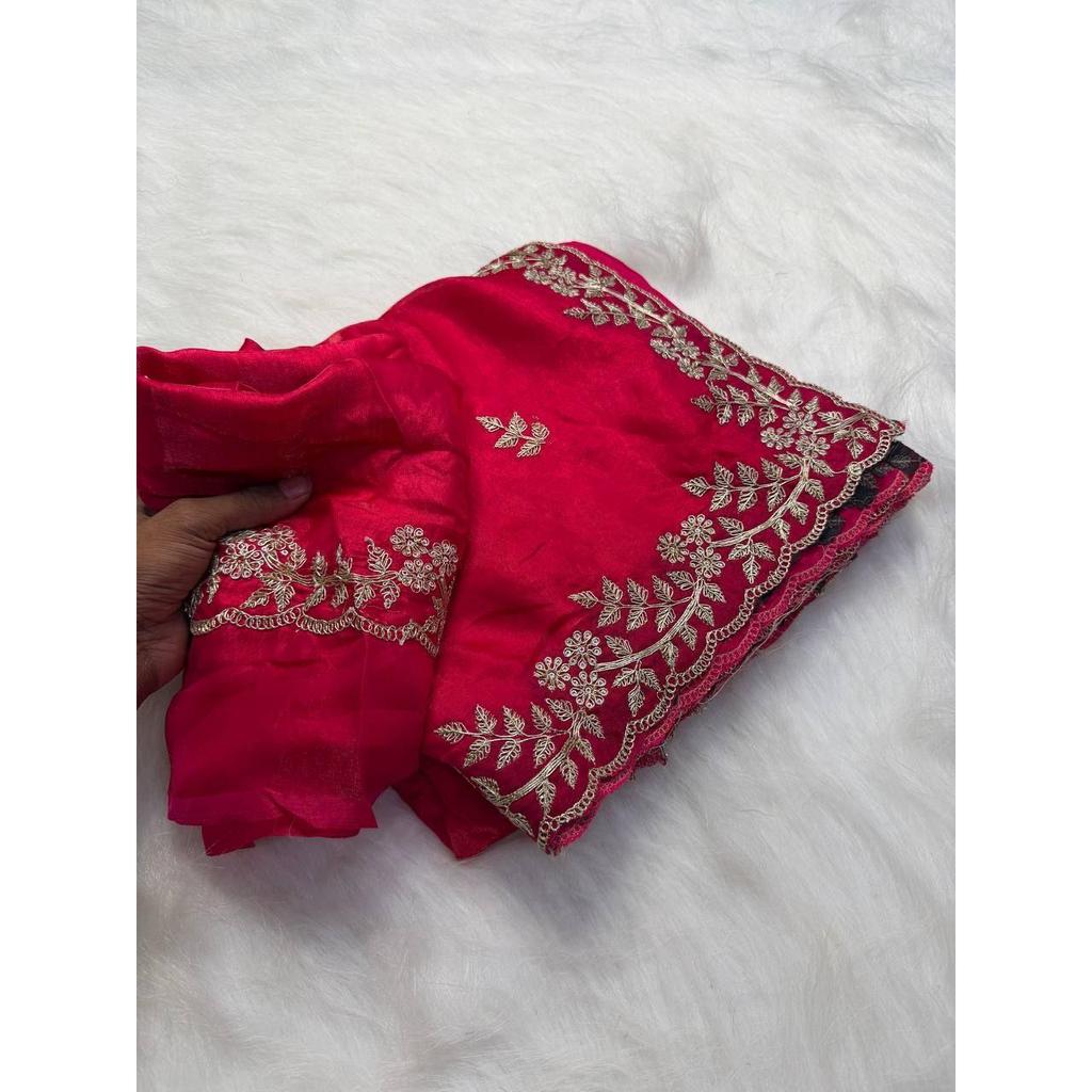 Premium Fandy satin with c pallu spring Dori embroidery work and all over sarees butta work with cutwork border