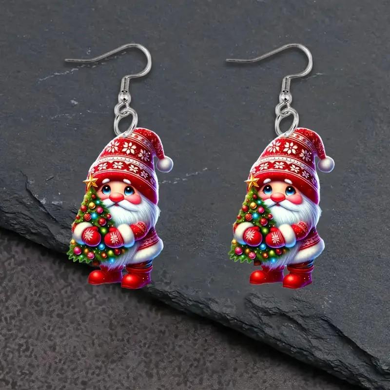 Christmas Themed Santa Claus Holding Tree Pattern Women Acrylic Earrings For Christmas Celebration Gift