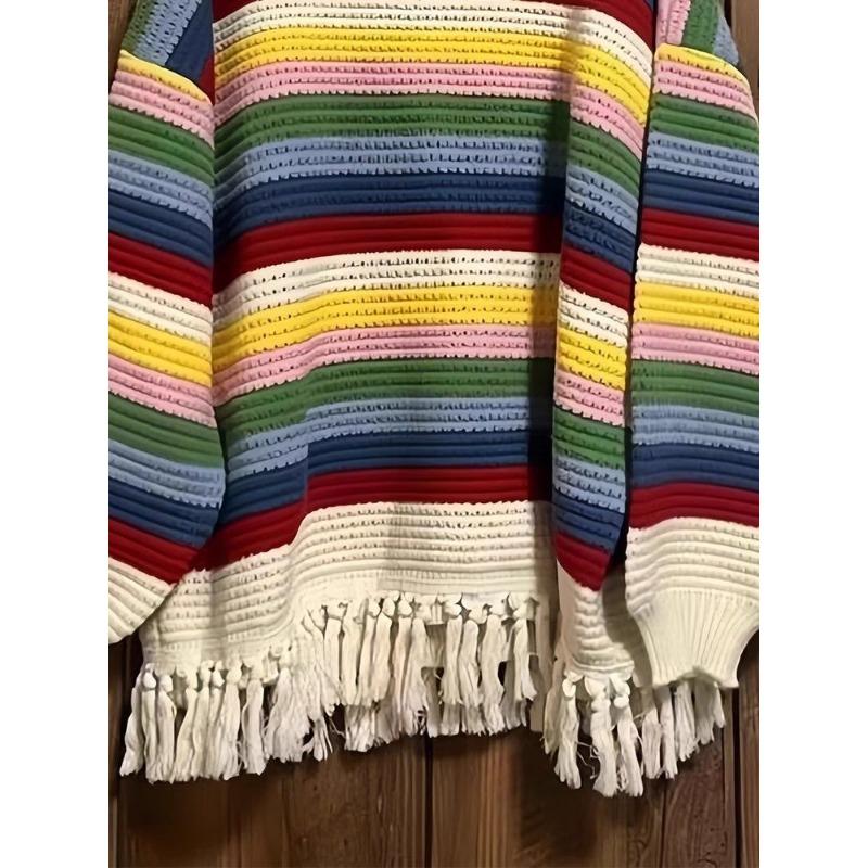 Regenbogen gestreifter Damen-Strickpullover mit langen Ärmeln und Quaste, schickes Damen-Top, Herbst/Winter, lockere, lässige Damenbekleidung