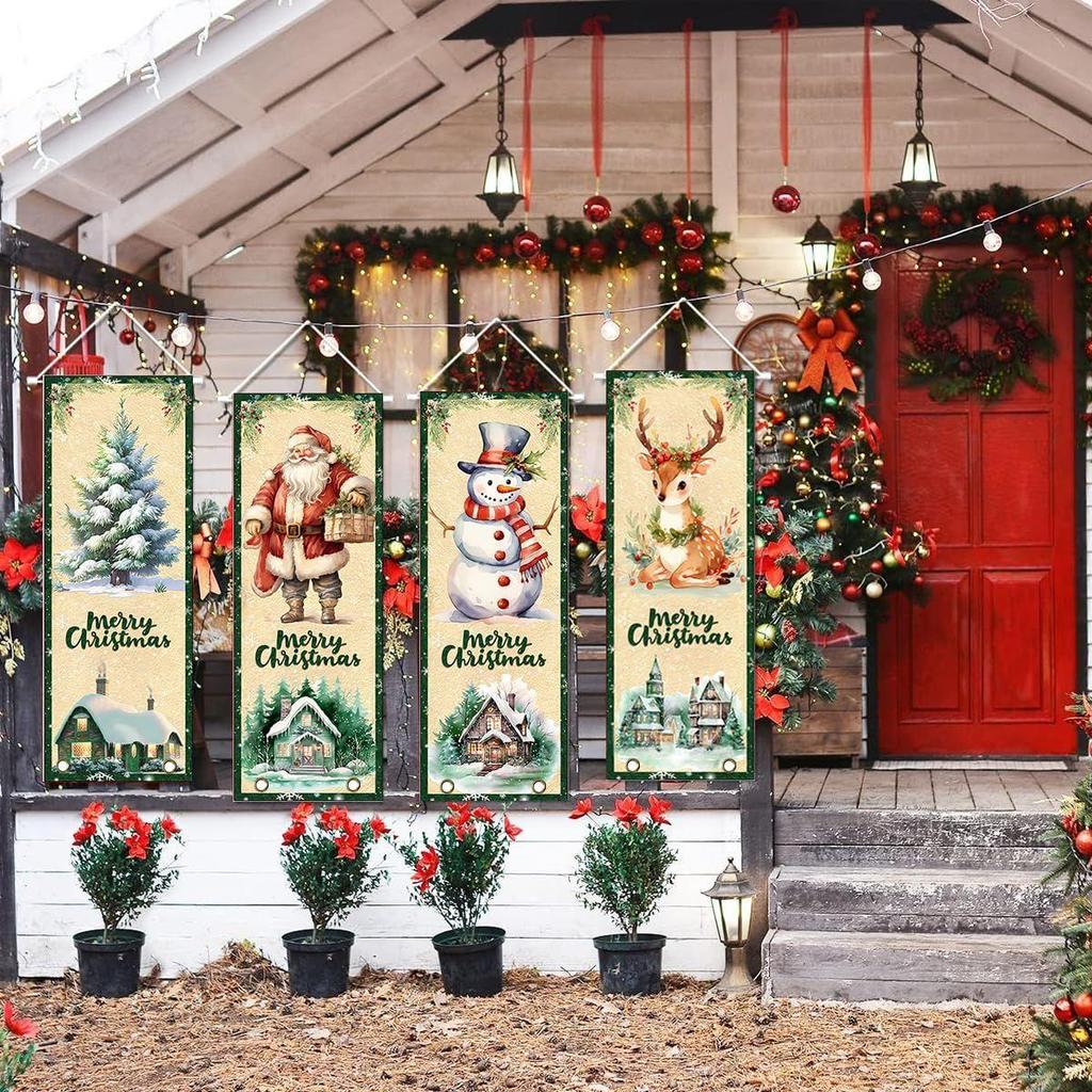 4Pcs Christmas Banners Porch Signs Decor Xmas Hanging Banner Backdrop Decorations Christmas Tree Santa Snowman Elk Hanging