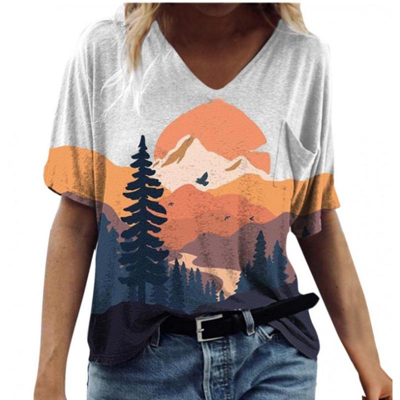 Summer V-neck 3D Feather Flower Printed Top Fashionable Casual Short Sleeved Women's T-shirts