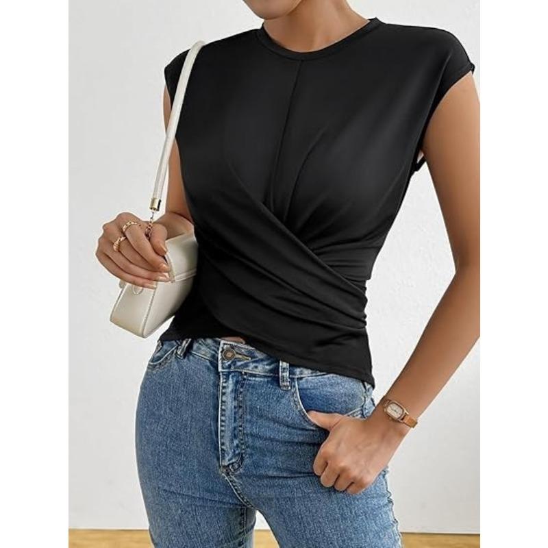 Women White Crew Neck Sleeveless Criss Cross Tie Waist Fitted Casual Blouse