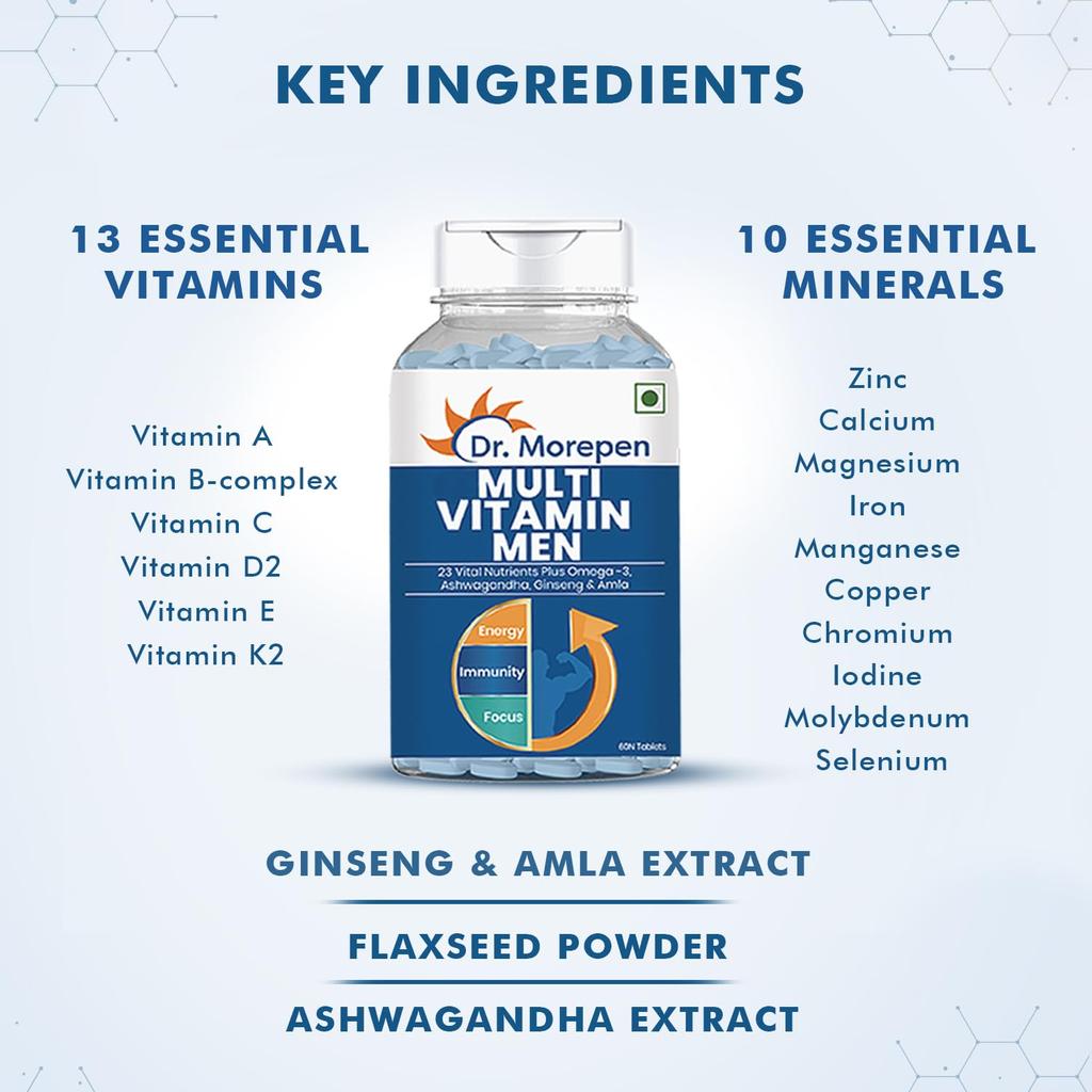 Dr. Morepen Multivitamin For Men With 23 Nutrients And Herbal Extracts For Daily Energy Strength Immunity And Vitality Support