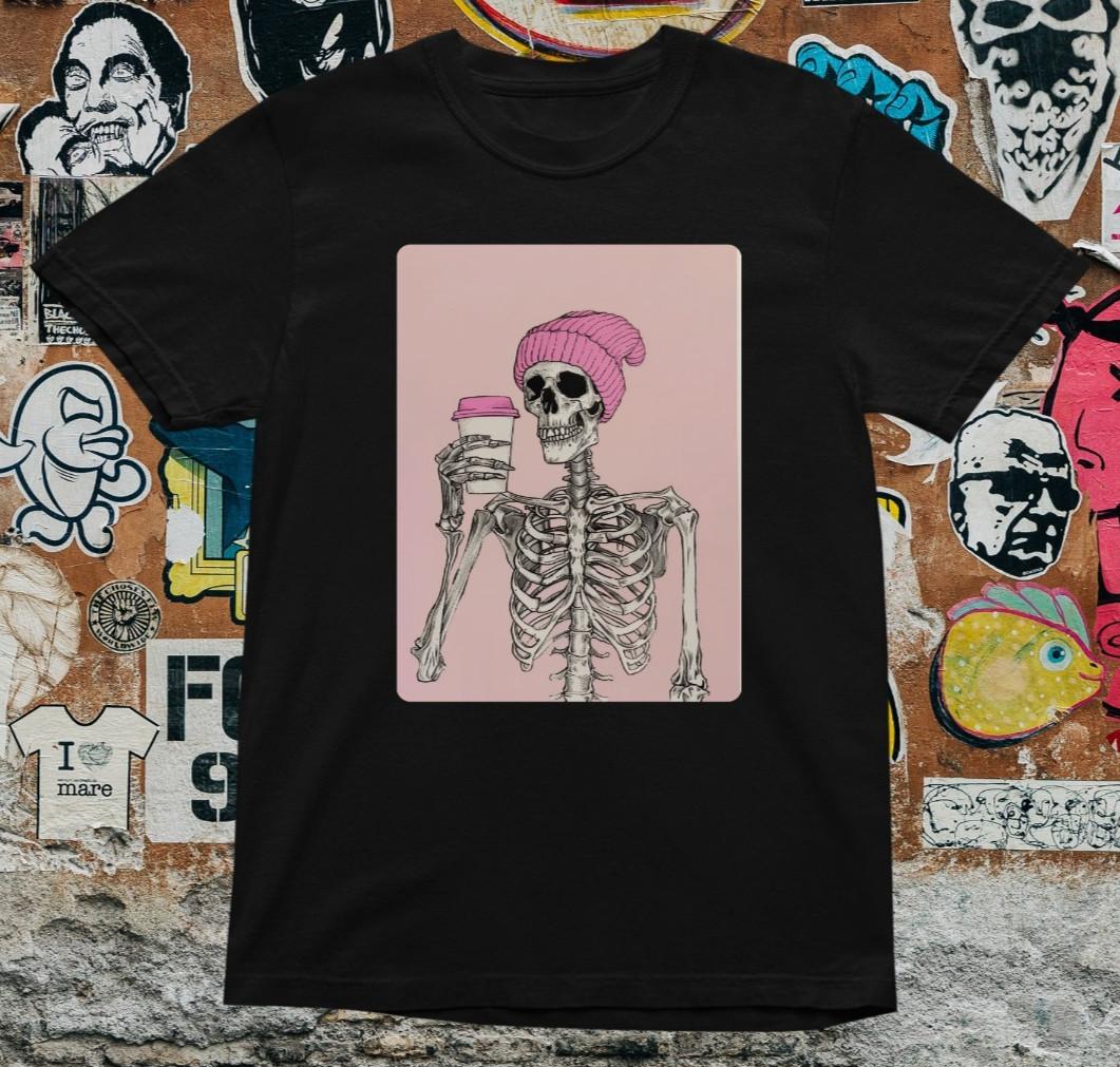 Hipster Skeleton Coffee T Shirt – Funny Goth Pastel Aesthetic Tee – Pink Beanie XL