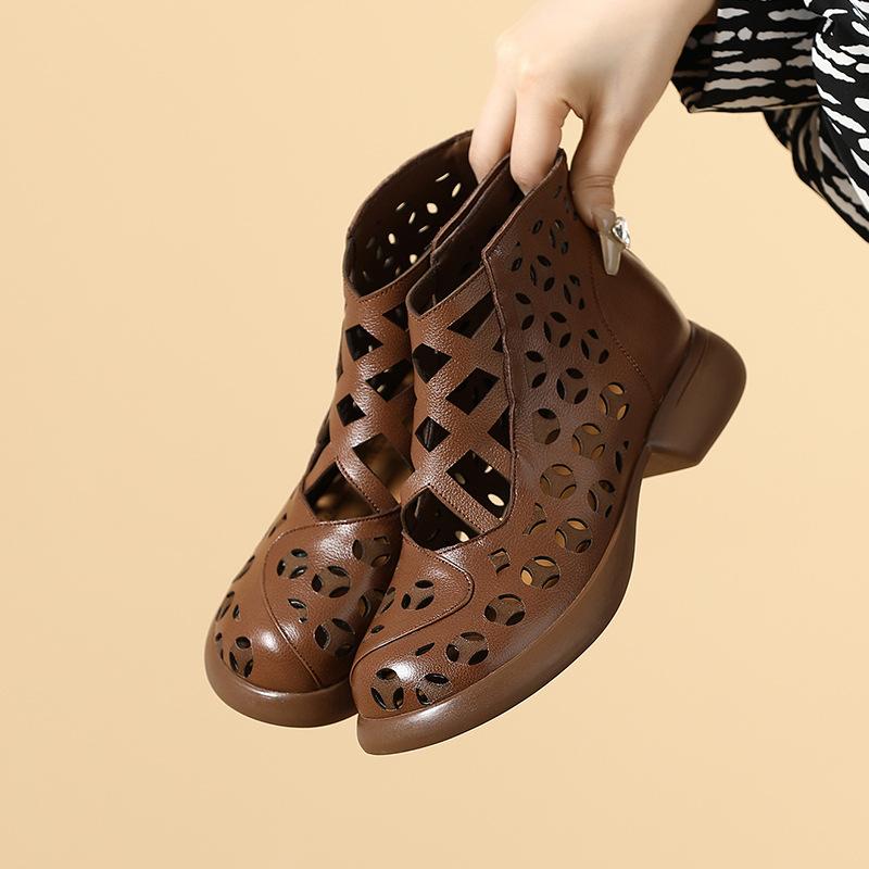 Fashion GKTINOO Genuine Leather Summer Sandals Breathable Hollow Ankle Boots Soft Non-slip Comfortable Sandalias De Mujer Large Size