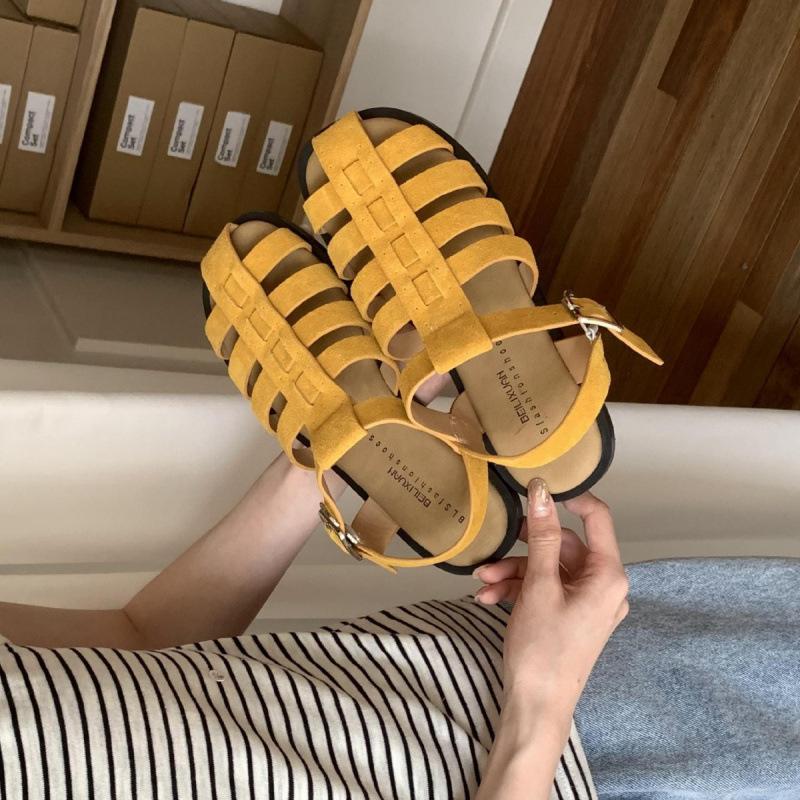 Damen Sommer Retro Casual Taschenkopf Schweinekäfigschuhe aus gewebtem Rindsleder