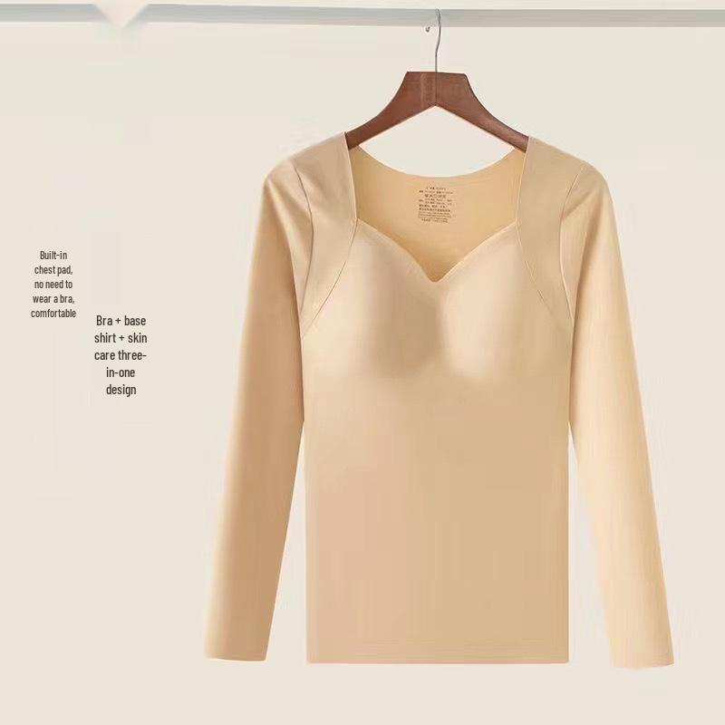 Hyaluronic Acid Skin-Beautifying Long Sleeve Top with Chest Pads - Warm, Seamless Base Layer for Autumn and Winter