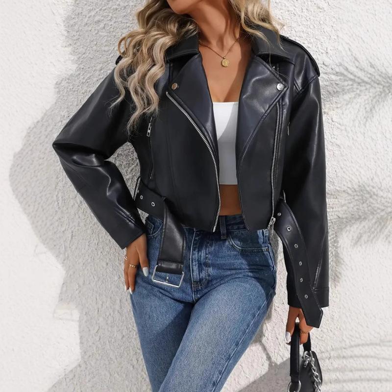2025 Cross-border European and American New Women's Leather Jacket Short Spice Girl Street Retro Locomotive Lapel PU Leather Jacket