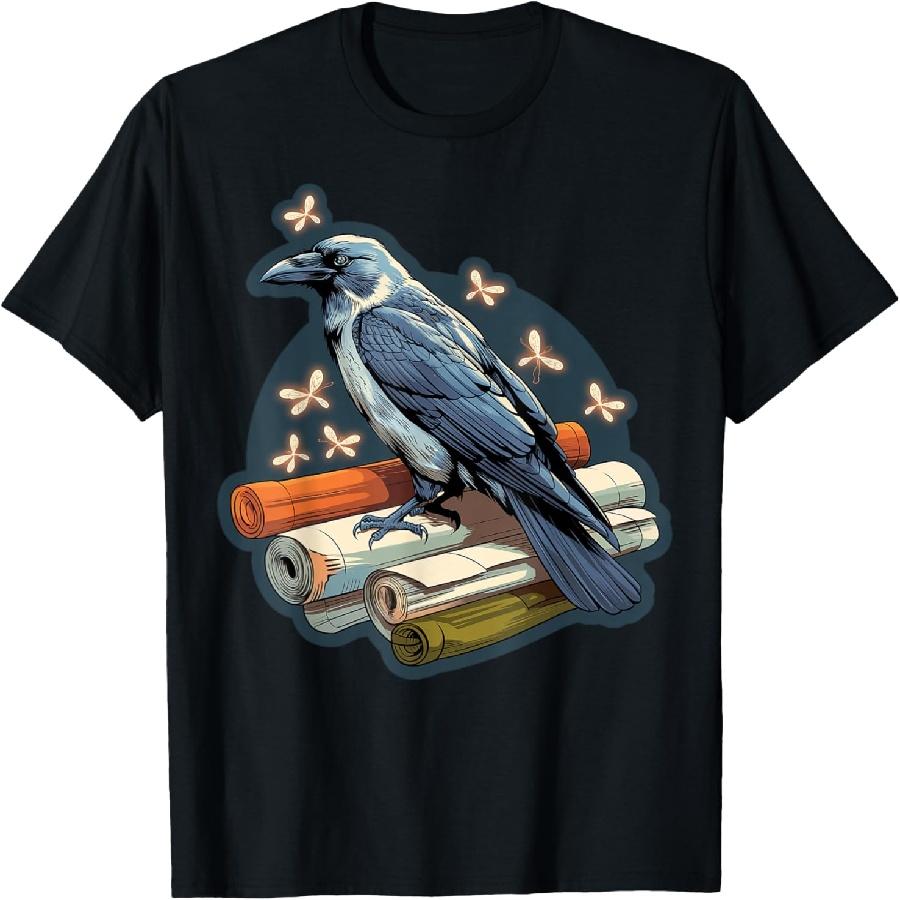 Raven on Ancient Scrolls Surrounded by Fireflies T-Shirt XXXXXL чёрный