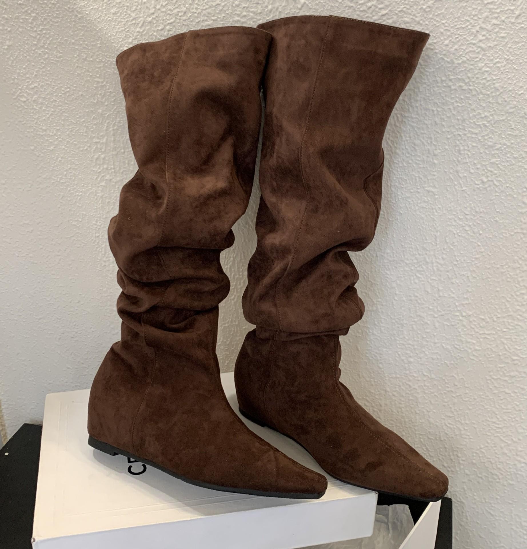 

Pile boots pleated 2025 new autumn and winter small square head inner height increase boots thin boots over the knee fashion women s boots 39 темно-коричневого
