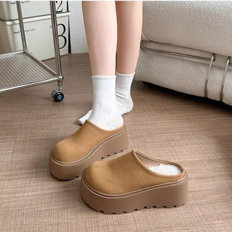 Mote Dame varme bomullsmules, retro tykksålede høyhælte tøfler, slip-ons med lukket tå, komfortable utendørs latmans-tøfler
