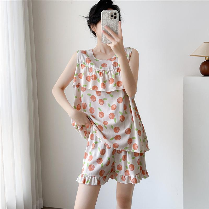 Women's Summer Ultra-Thin Cotton Satin Pajamas Set With Shorts And Sleeveless Vest, Cool Comfort Home Wear For Hot Weather