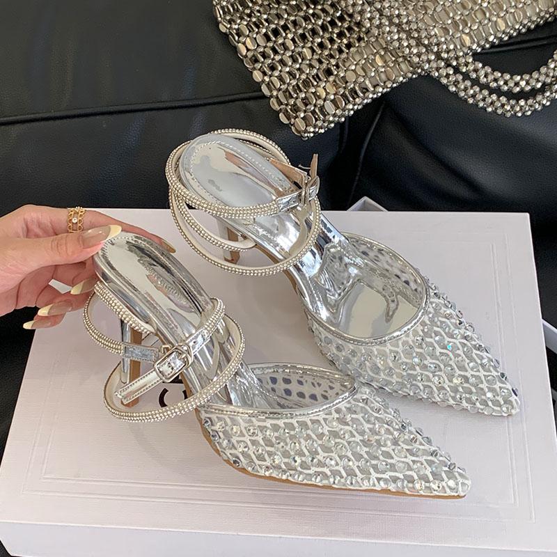 Fashion Luxury Rhinestones Fashion Ankle Buckle Pumps Women High Heels Shoes Female Pointed Toe Footwear Party Ladies Thin Heels Shoes