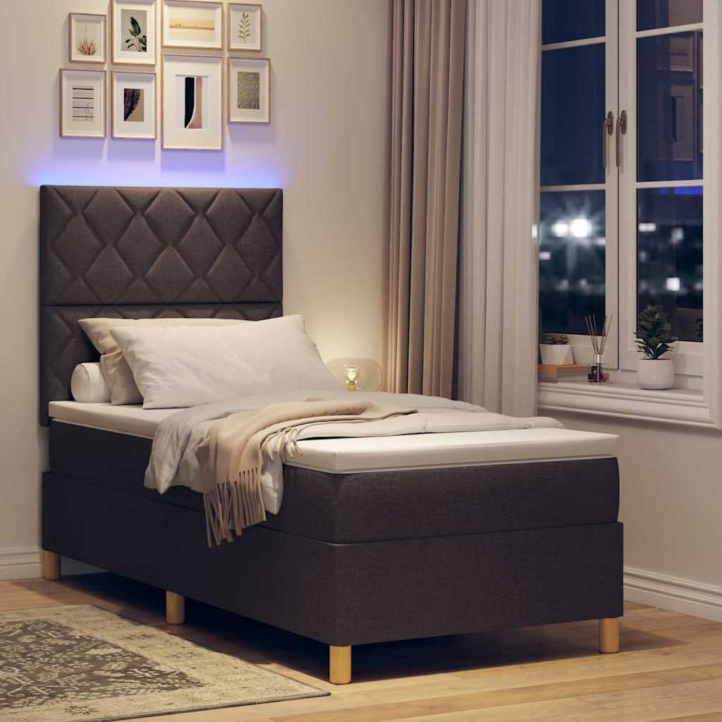LED Boxspring Bed with Headboard Dark Brown 90 x 190 cm Fabric