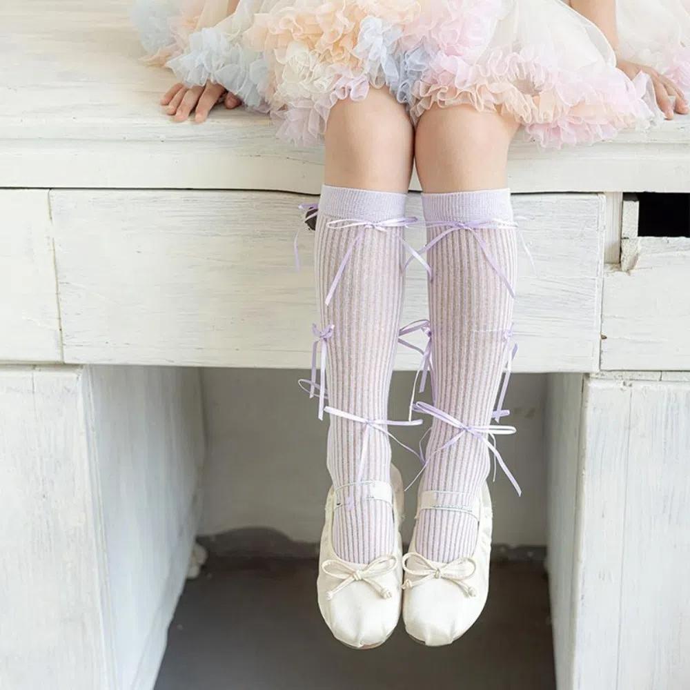 Ribbon Bow Balletcore Socks Solid Color Thin Stockings Comfortable Mid-Tube Hosiery  Women