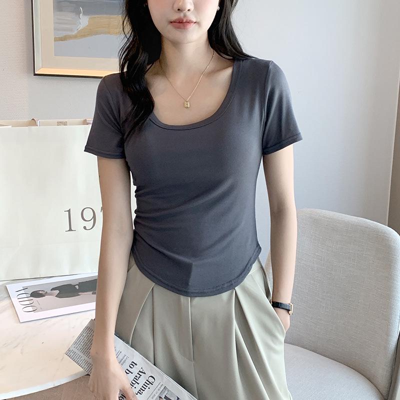 Women's H227 White U-Neck Short-Sleeve T-Shirt - New Spring/Summer Lightweight Layered Top