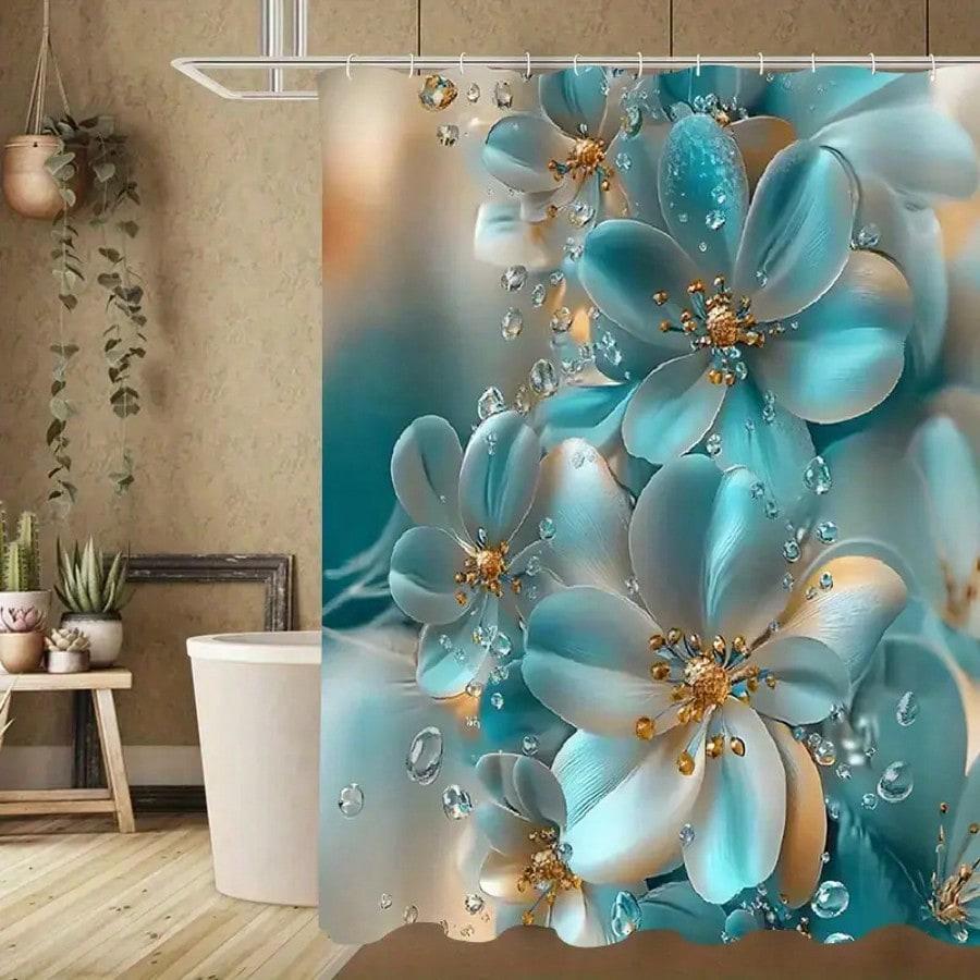 4 Pcs Elegant Blue And White Floral Printed Shower Curtain, Apartment Bathroom Shower Curtain Set, Hotel Bathroom Curtain