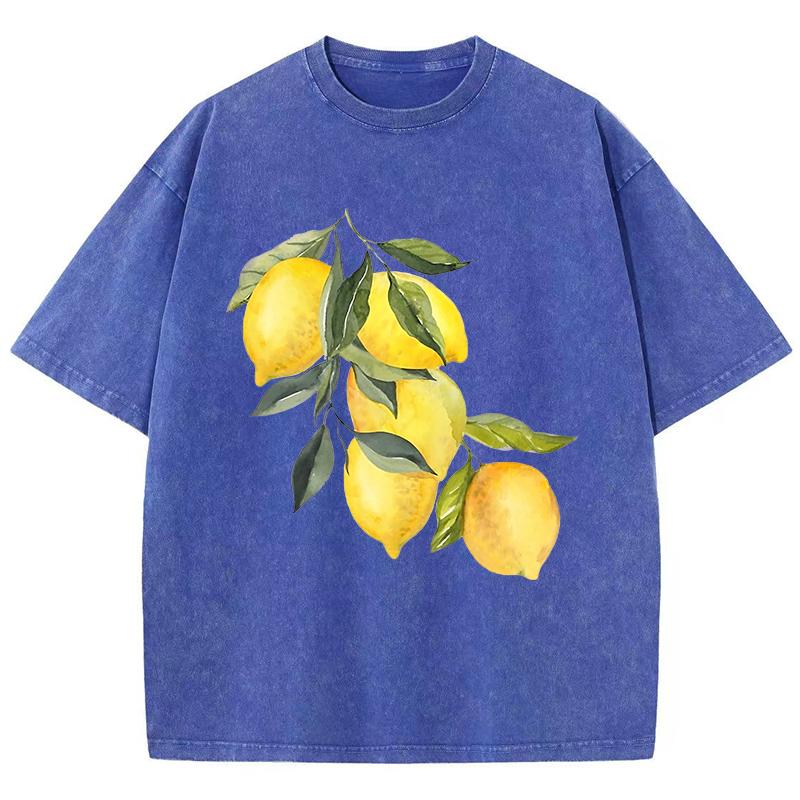 Creative Lemon Pattern Printing Washed TShirt Women Cottont Shirts ONeck Oversized Acid Wash Tops Summer Casual Woman Clothes