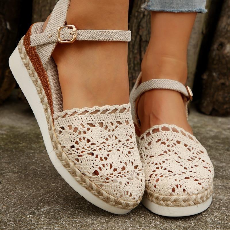 Large Size Wedge Sandals Summer New Bag Head Woven Hollow One-word Buckle Women's Sandals