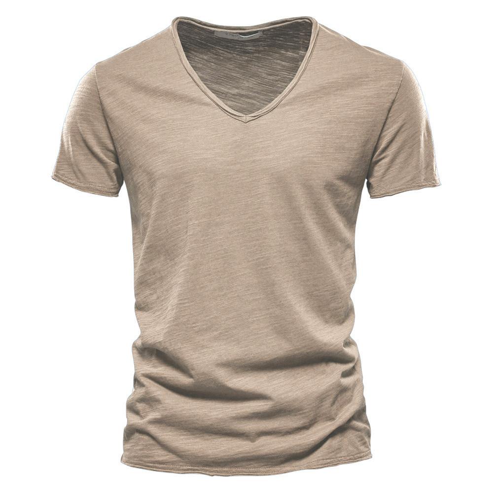 King Billion Slub Katoen T-shirt Heren V-hals Effen Kleur Slim Fit T-shirt Zomer Strand Korte Mouw Tops Tees Heren T-shirts Heren Fitness M kaki