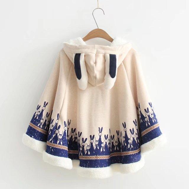 Women Girls Cloak Coat Winter Fleece Cute Rabbit Ears Hooded Printed Loose Poncho